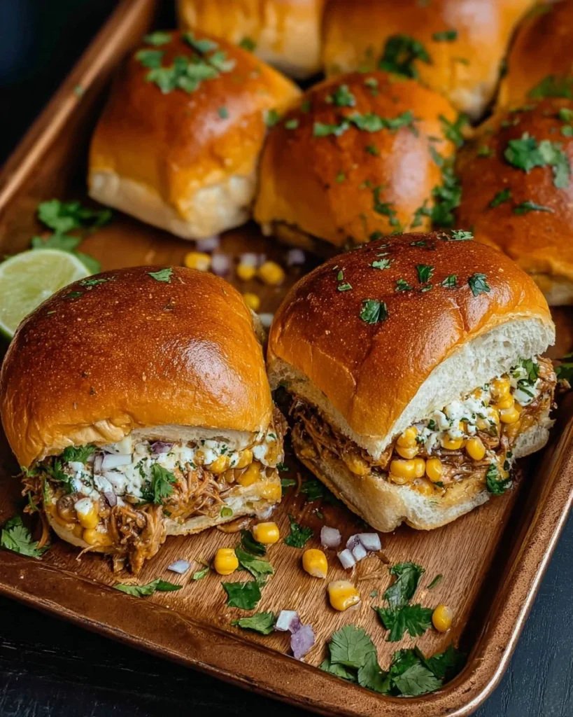 Delicious carnitas street corn sliders on a plate, garnished with fresh ingredients.