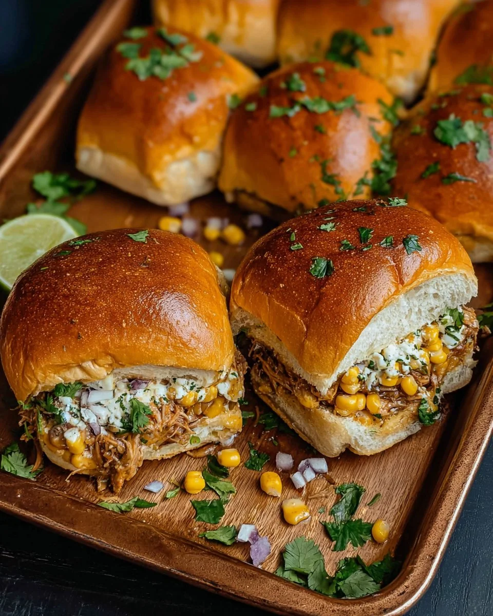 Delicious carnitas street corn sliders on a plate, garnished with fresh ingredients.