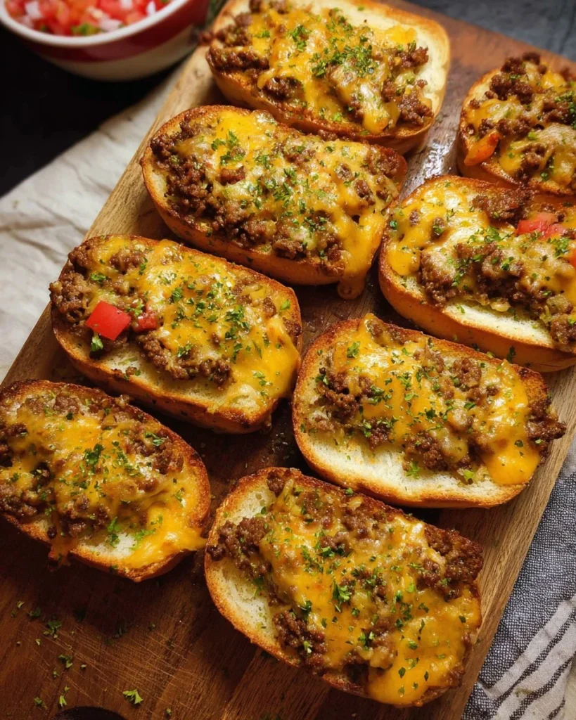 Delicious cheeseburger garlic bread topped with melted cheese and garlic seasoning.