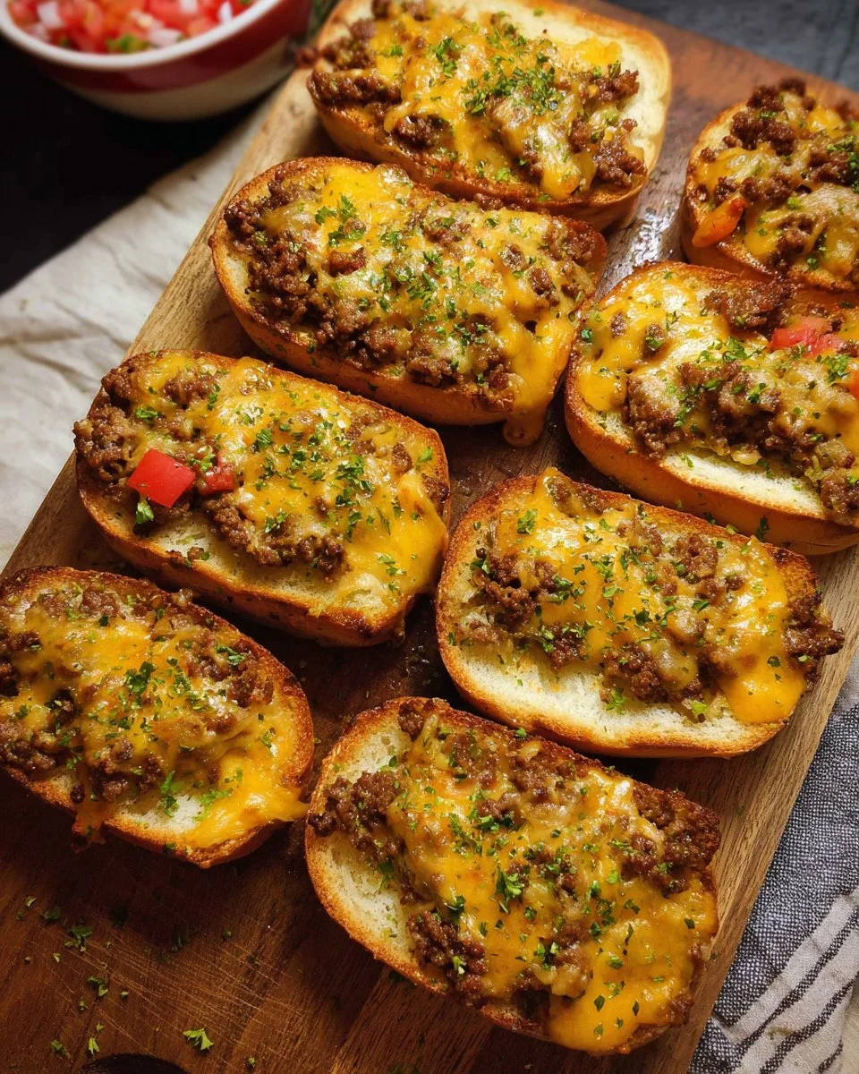 Delicious cheeseburger garlic bread topped with melted cheese and garlic seasoning.