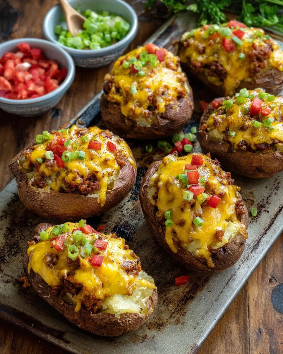 Cheeseburger twice baked potatoes topped with cheese and ground beef