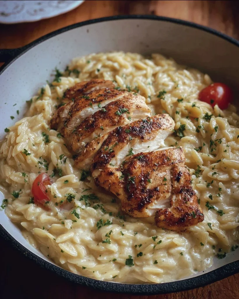 Plate of creamy Chicken Alfredo Orzo with grilled chicken and parsley garnish