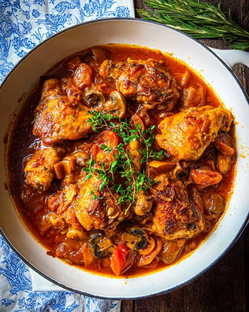 Delicious plated Chicken Marengo with herbs and vegetables