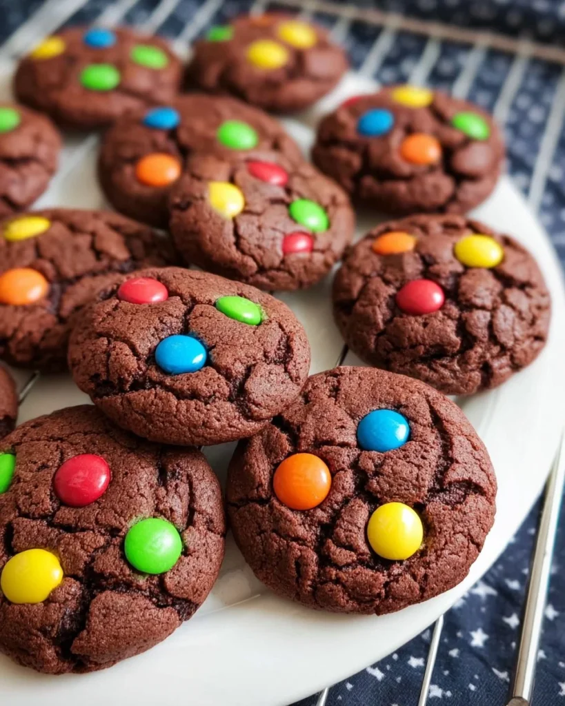 Delicious chocolate cake mix cookies topped with M&Ms