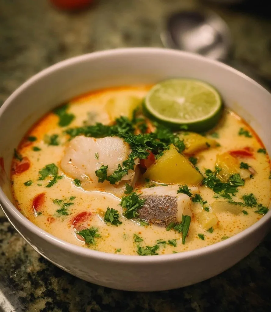 Bowl of Coconut Lime Fish Soup garnished with cilantro and lime slices