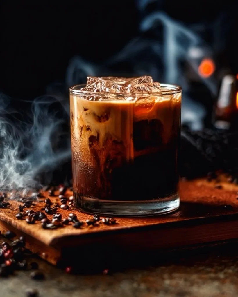 Cold Witches Brew Coffee in a glass with ice and spooky decorations.