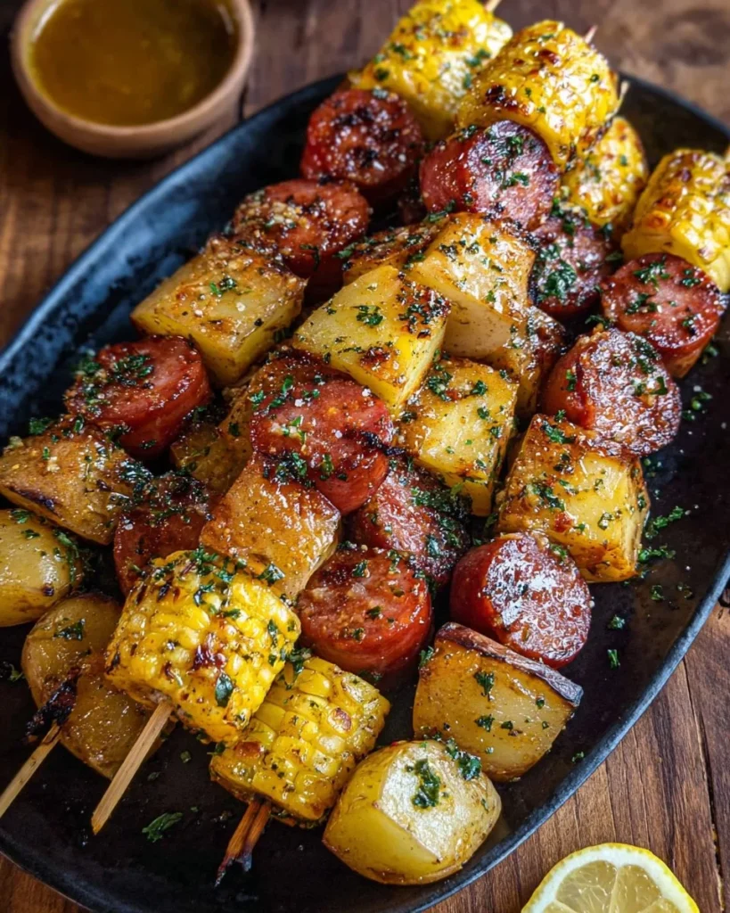 Grilled Cowboy Butter Kielbasa and Potato Skewers on a barbecue grill