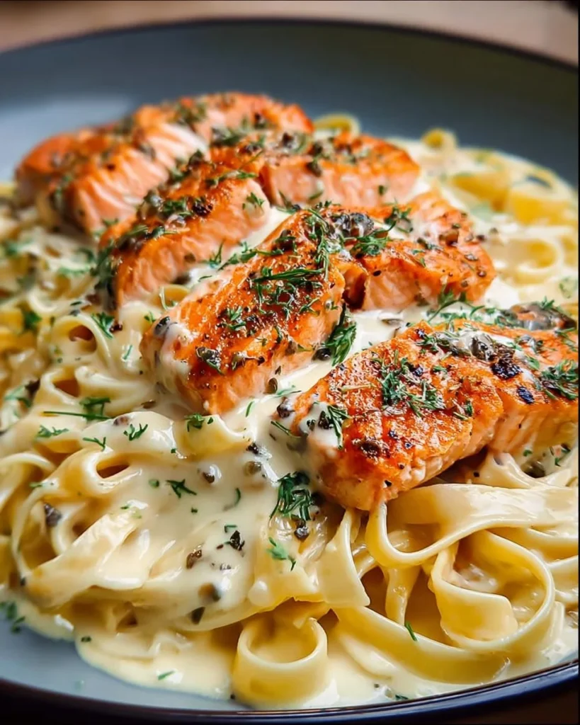 Plate of creamy garlic salmon pasta garnished with parsley