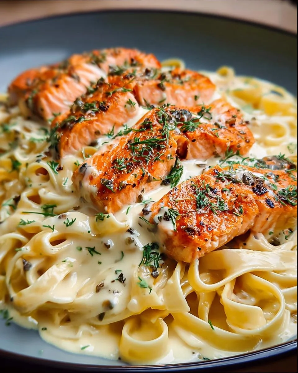 Plate of creamy garlic salmon pasta garnished with parsley