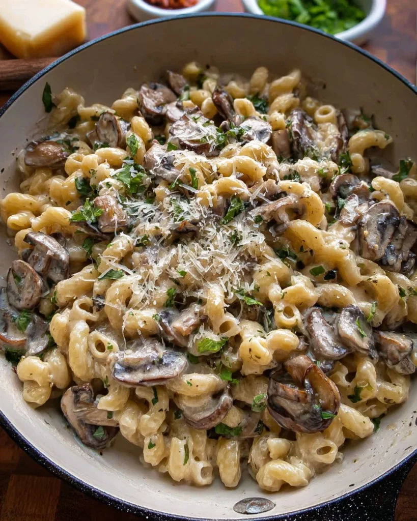Creamy roasted garlic and mushroom pasta served in a bowl with parsley garnish