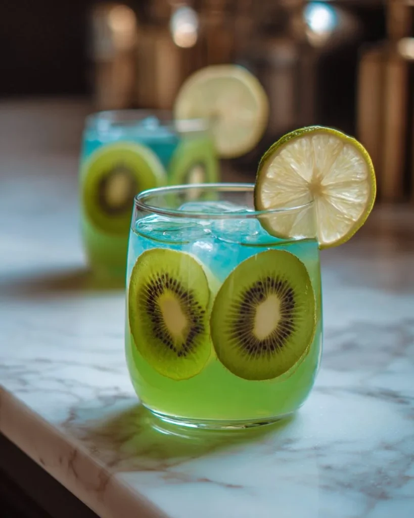 Creepy Kiwi Lime Punch mocktail served in a festive glass with lime slices.