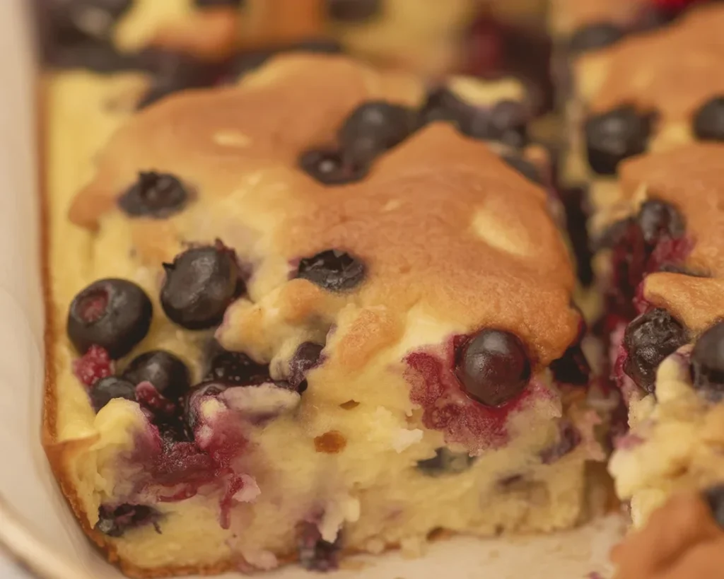 Easy Blueberry Pancake Casserole with crumb topping and fresh blueberries