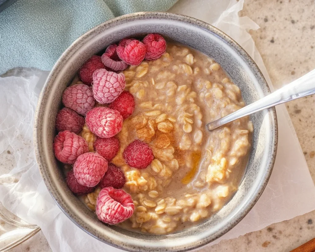 Bowl of Easy Stovetop Brown Sugar Cinnamon Oatmeal topped with cinnamon and sugar.