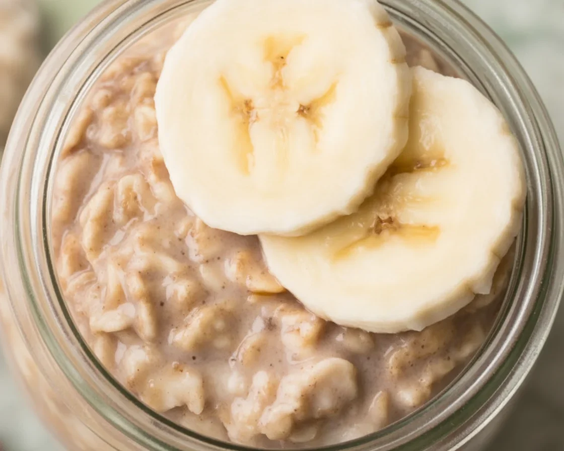 Bowl of Easy Banana Chia Overnight Oats with banana slices and chia seeds