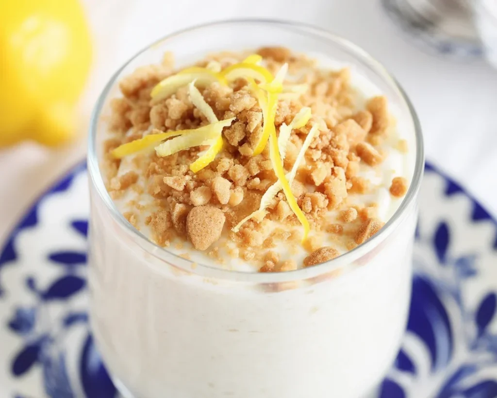 Creamy Easy Lemon Cheesecake Overnight Oats topped with fresh lemon zest and chia seeds.