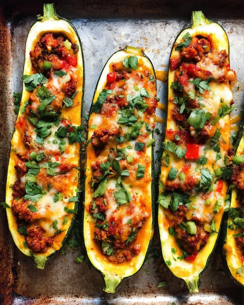 Delicious enchilada stuffed zucchini boats topped with cheese and fresh herbs.