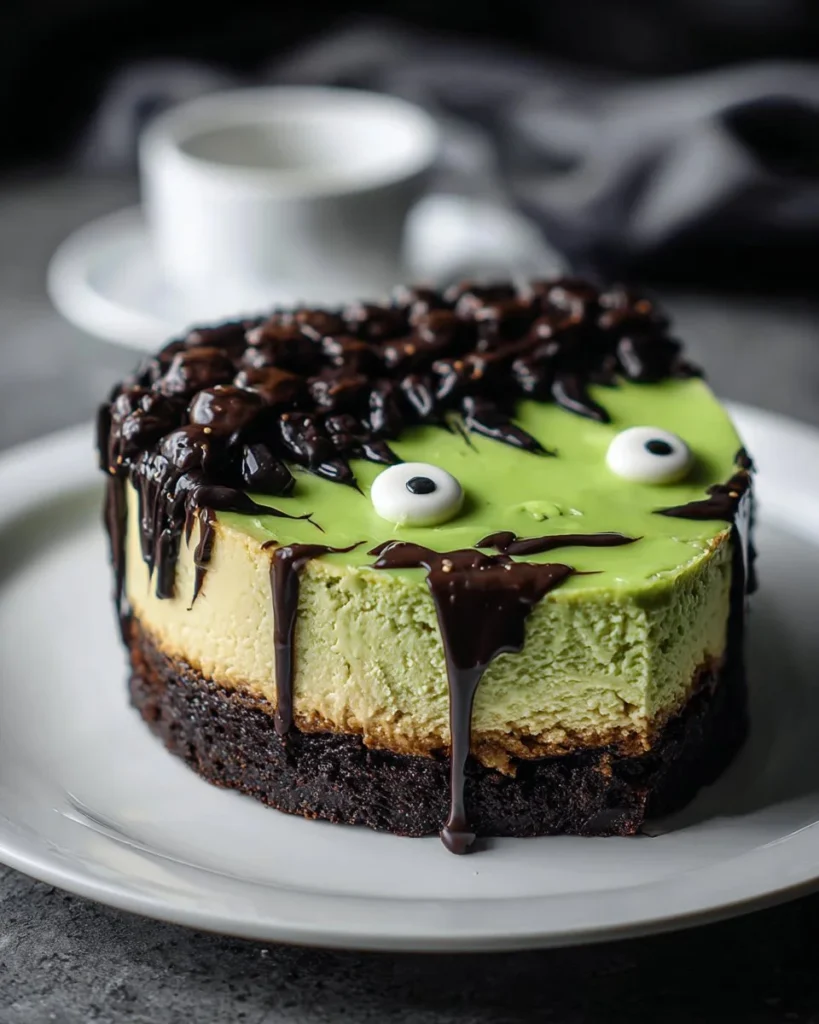 Spooky Frankenstein Cheesecake decorated for Halloween