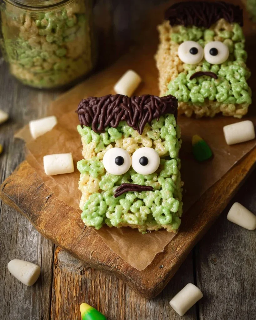 Frankenstein Rice Krispie Treats decorated for Halloween