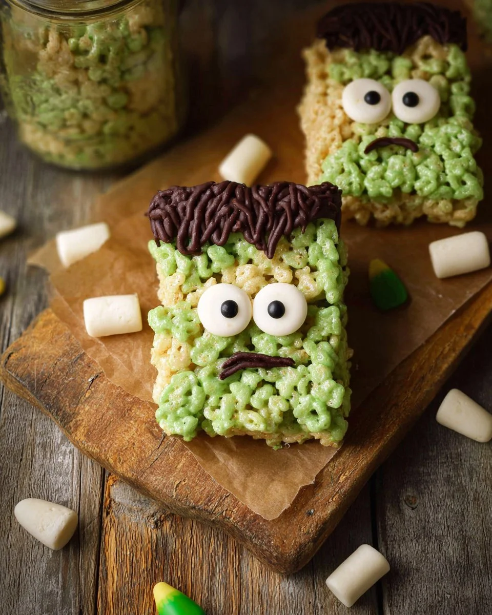 Frankenstein Rice Krispie Treats decorated for Halloween