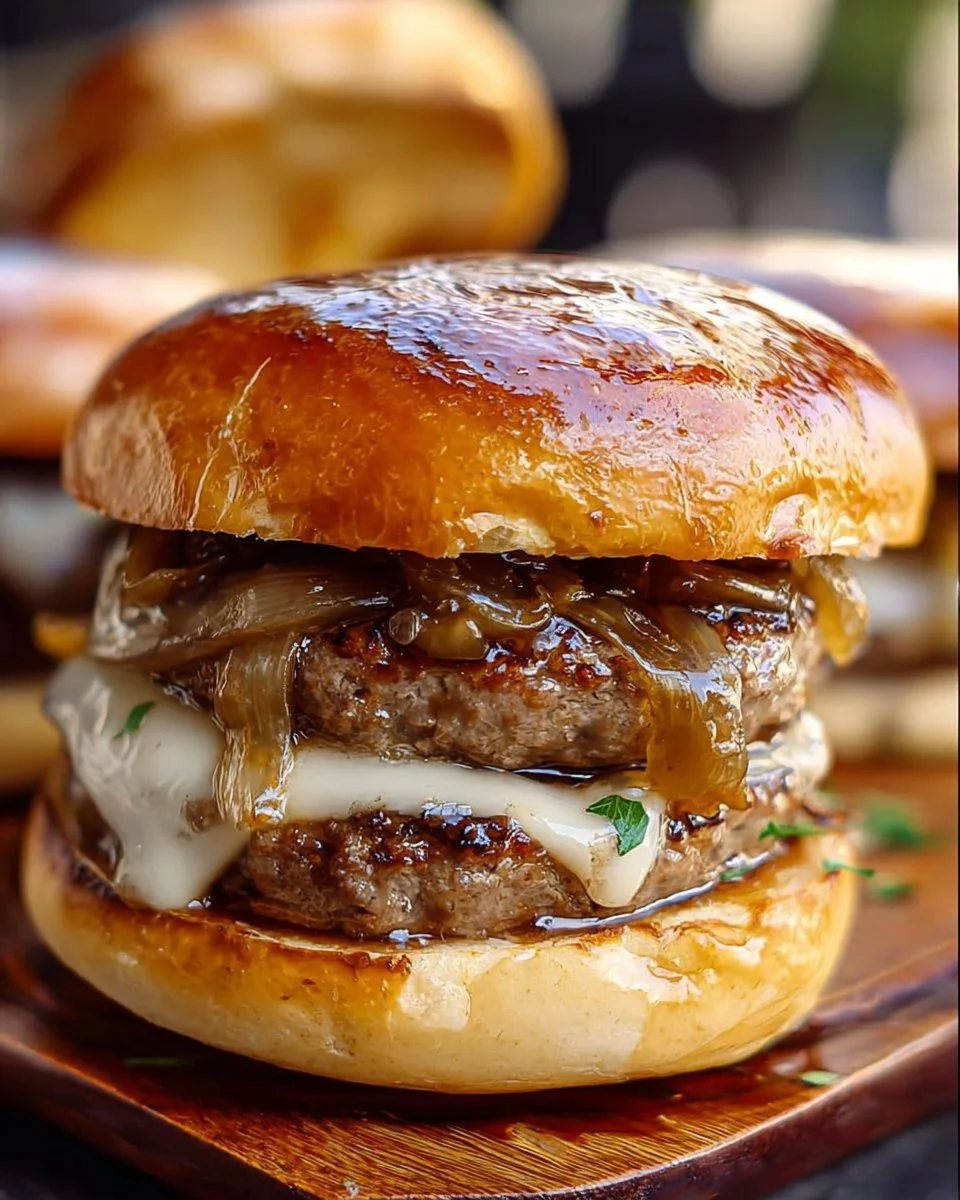 Delicious French onion soup burger with melted cheese and caramelized onions