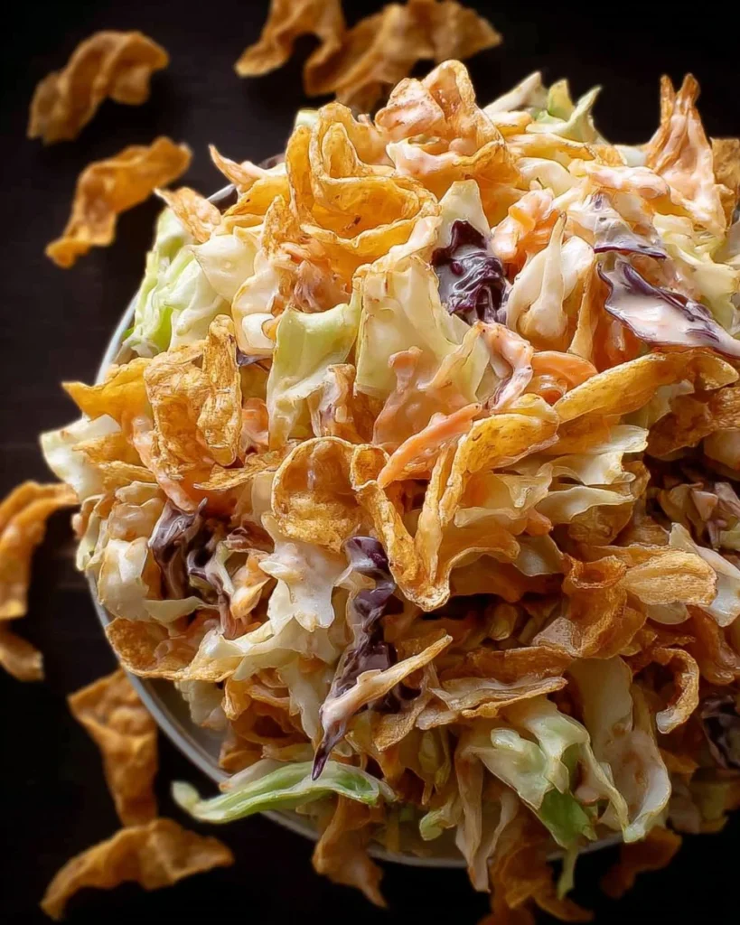 Delicious Frito Cowboy Cabbage served in a bowl with toppings.