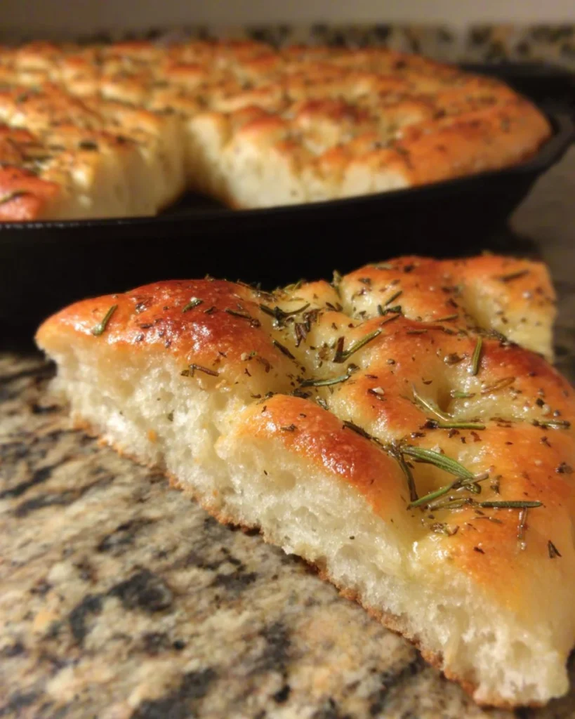 Freshly baked gluten free focaccia bread with herbs on a wooden board