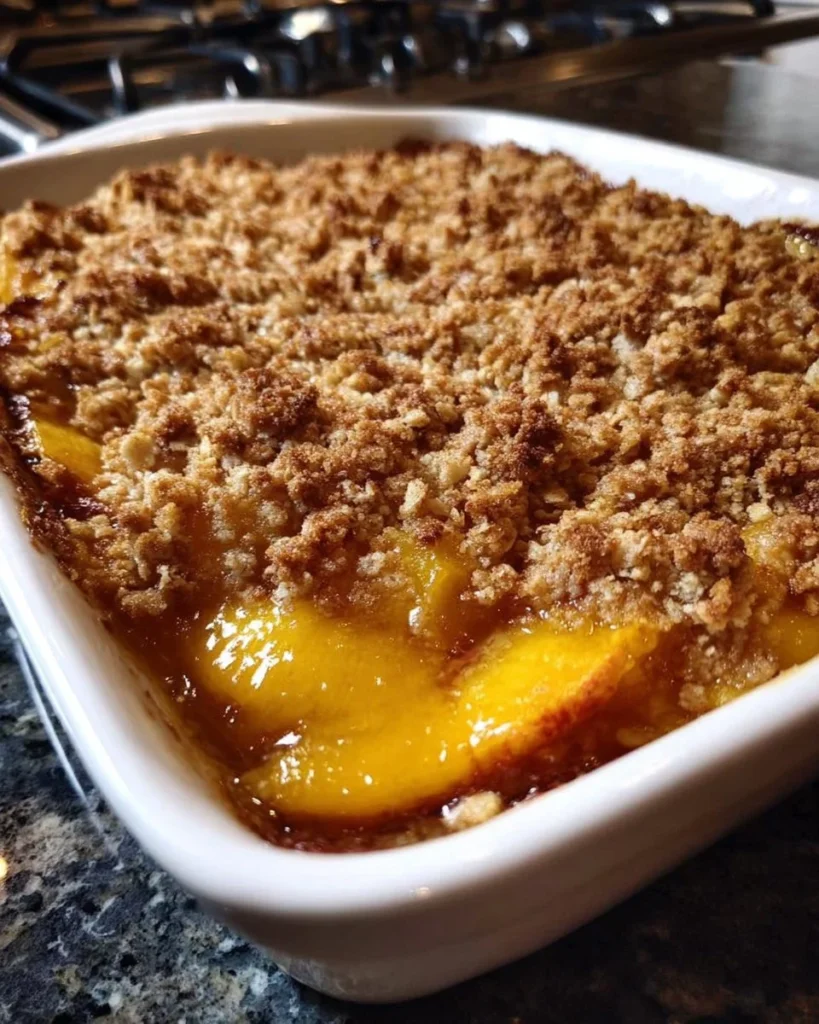 Delicious gluten-free peach crisp dessert served in a bowl.