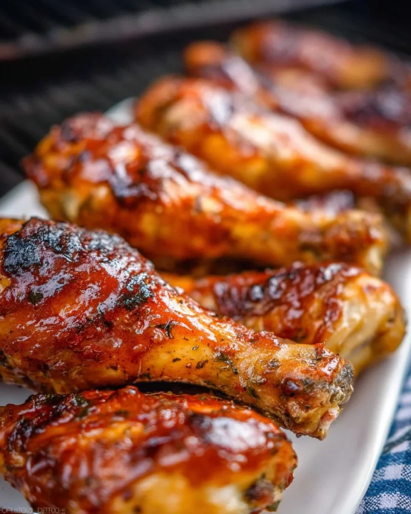 Juicy grilled chicken legs served on a plate with herbs and spices