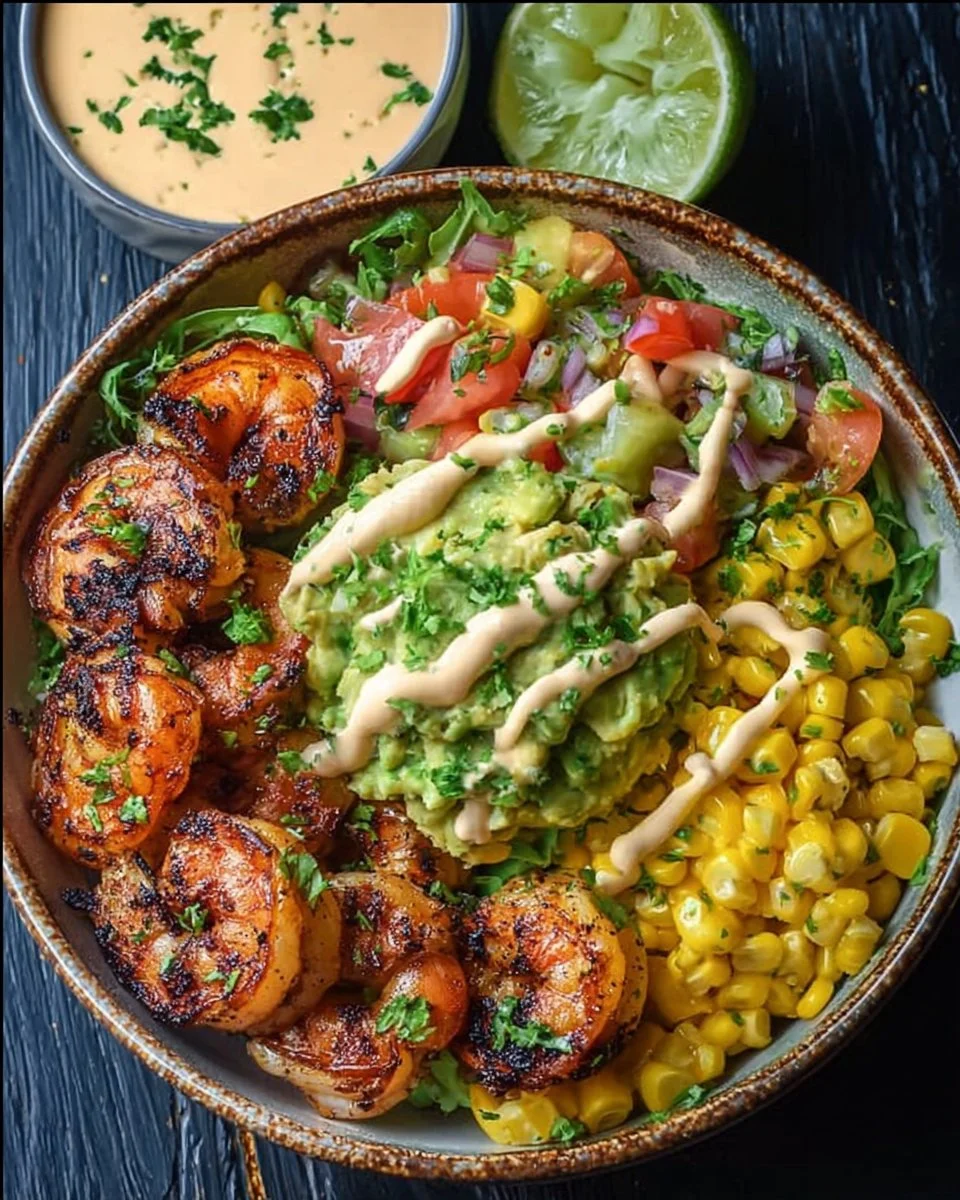 Grilled shrimp bowl with avocado, corn salsa, and creamy sauce on a plate