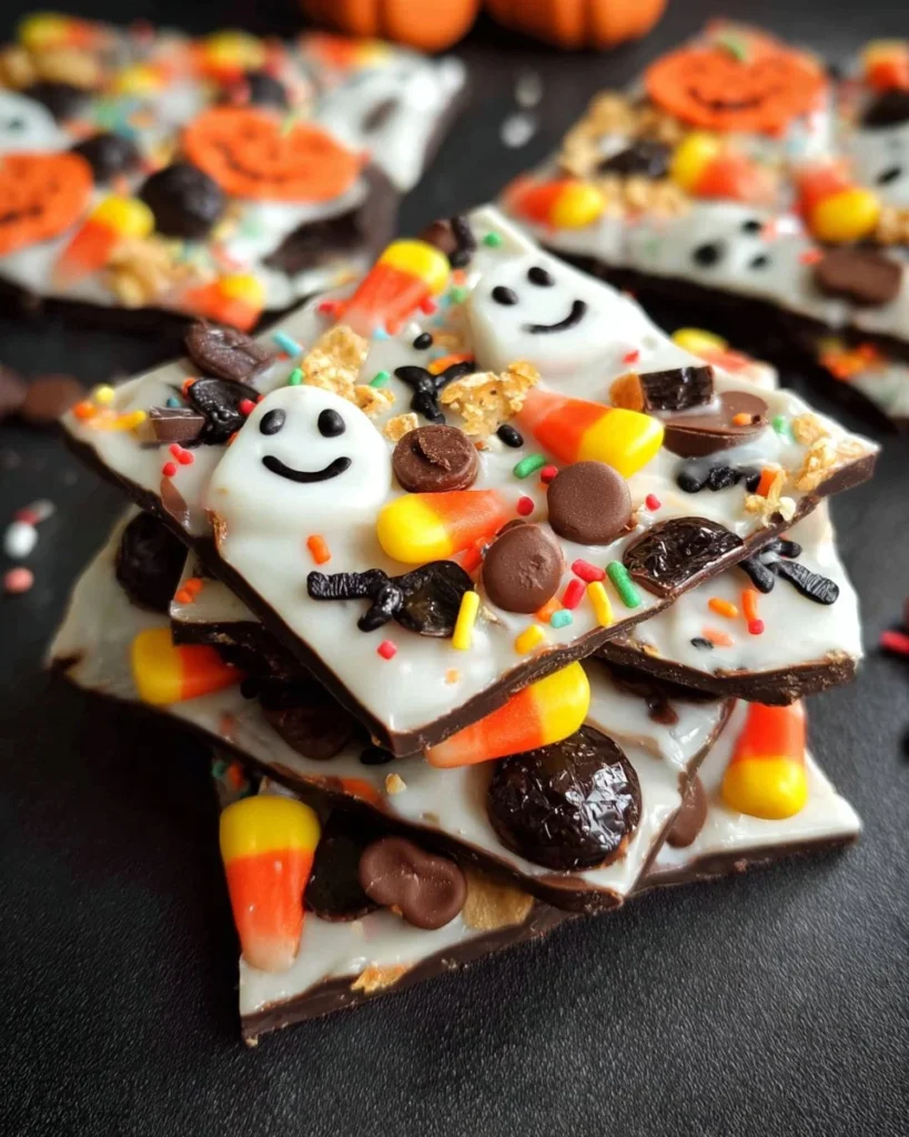 Homemade Halloween Bark with festive candies and chocolate on a decorative plate