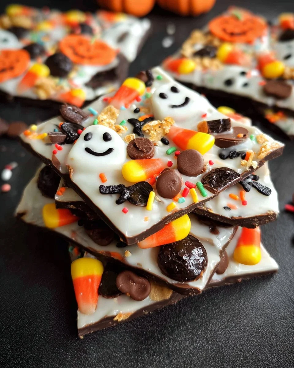 Homemade Halloween Bark with festive candies and chocolate on a decorative plate
