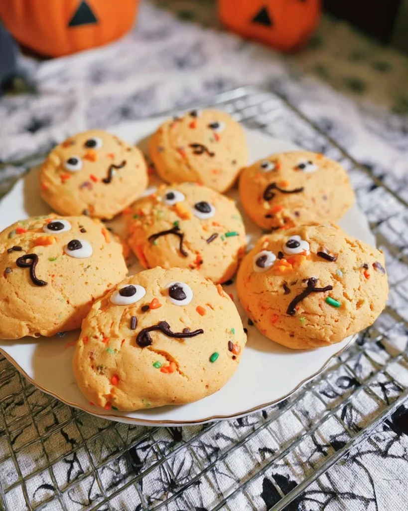 Colorful Halloween cake mix cookies decorated with sprinkles and icing.