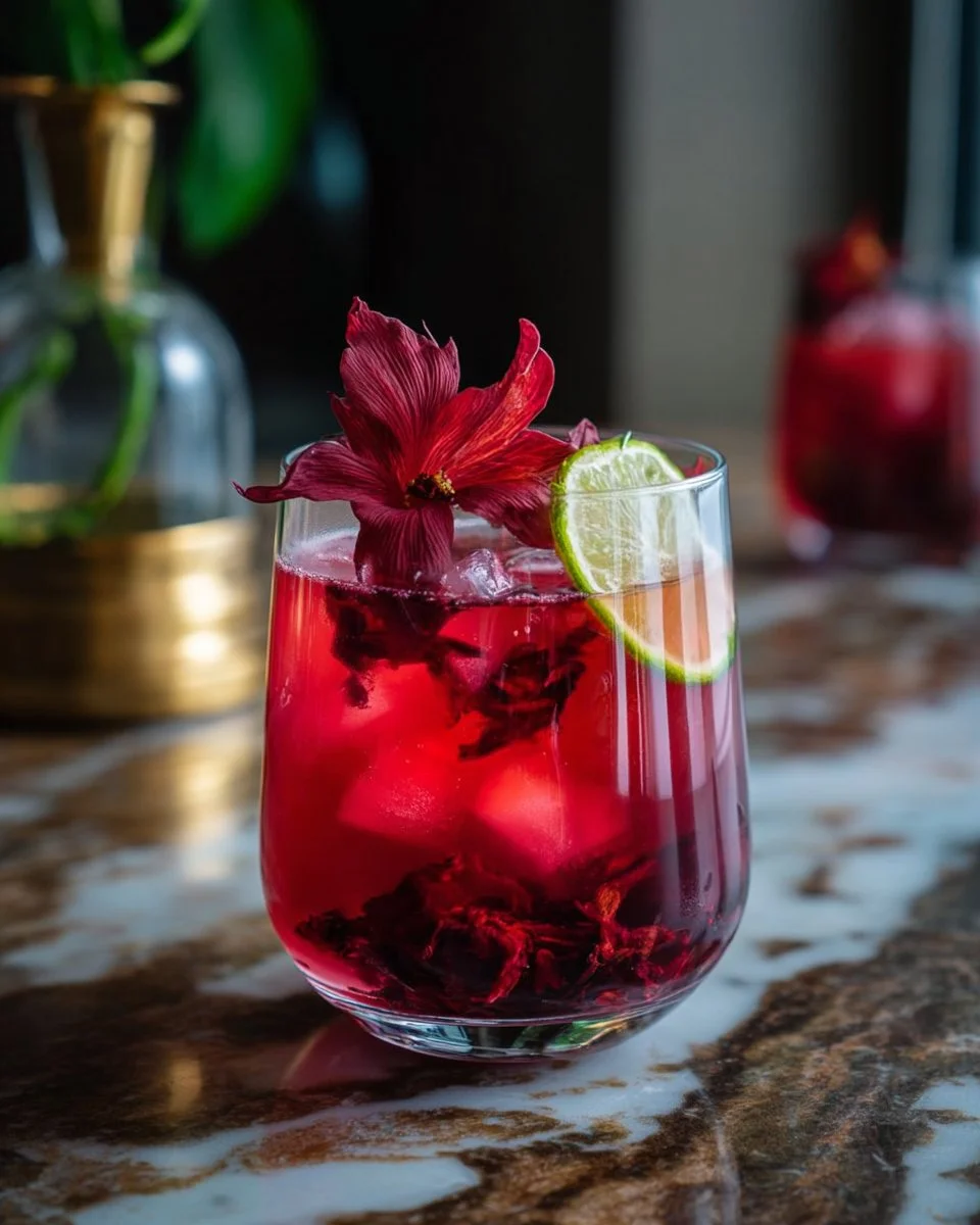 Haunted Hibiscus Punch Mocktail garnished with fresh fruit and herbs.