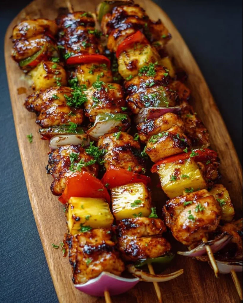 Colorful Hawaiian Chicken Kebabs skewered with vegetables ready for grilling