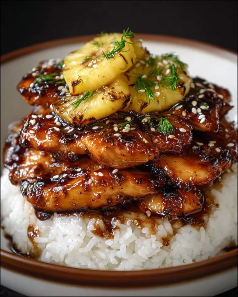 Delicious Hawaiian Huli Huli Chicken Stack on a plate, showcasing vibrant colors.