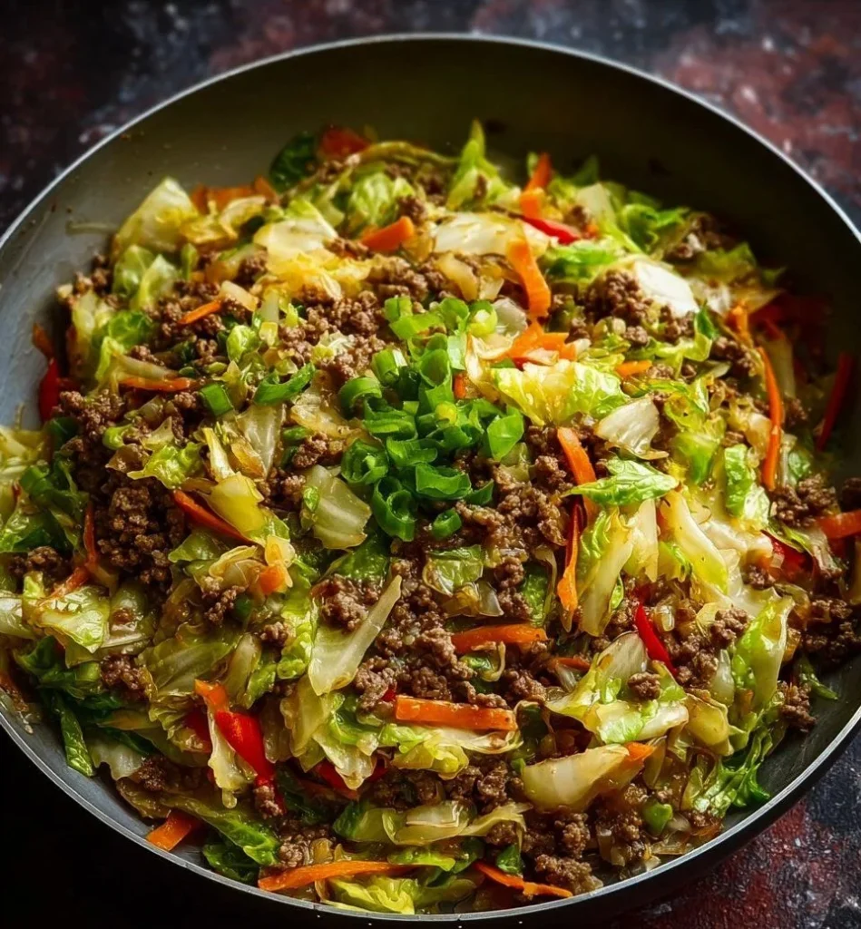 Healthy Chinese ground beef stir fry with cabbage and colorful vegetables