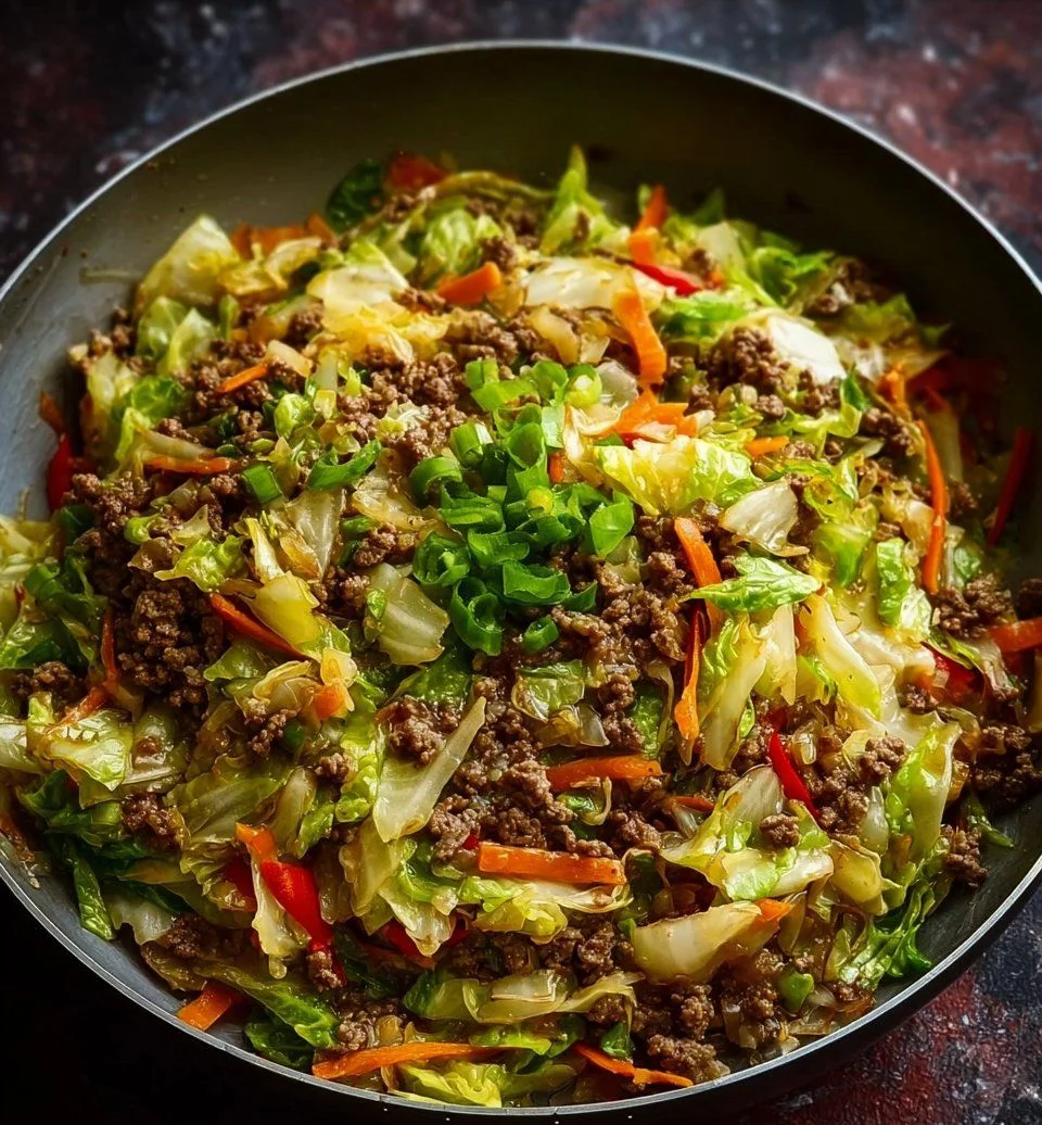 Healthy Chinese ground beef stir fry with cabbage and colorful vegetables