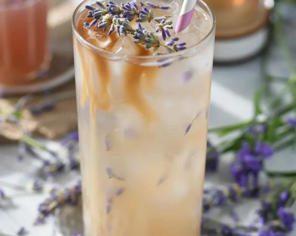 Iced Lavender Caramel Macchiato topped with cold foam and caramel drizzle
