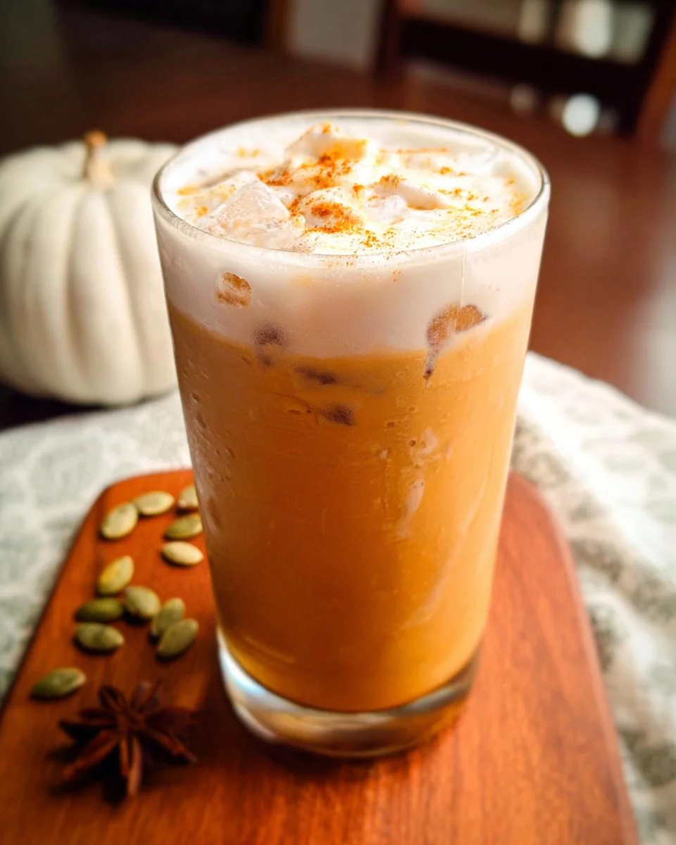 Iced pumpkin cream chai latte in a glass with autumn leaves