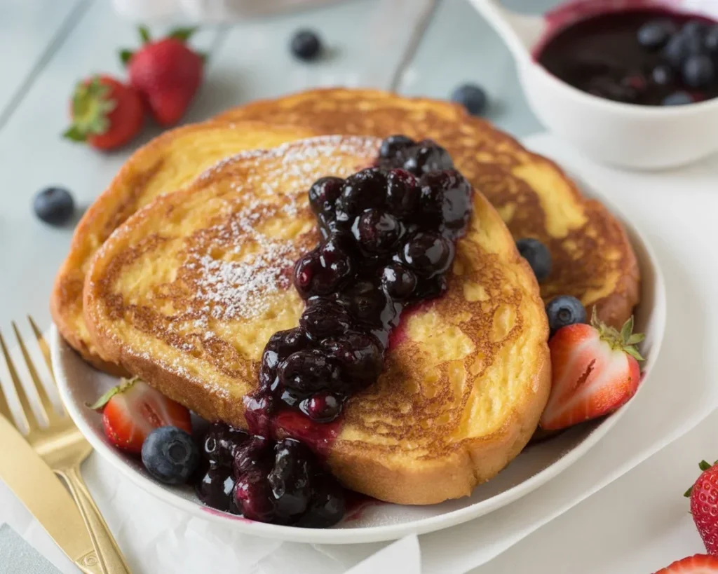 Delicious ultimate homemade sourdough French toast with syrup and fruit.