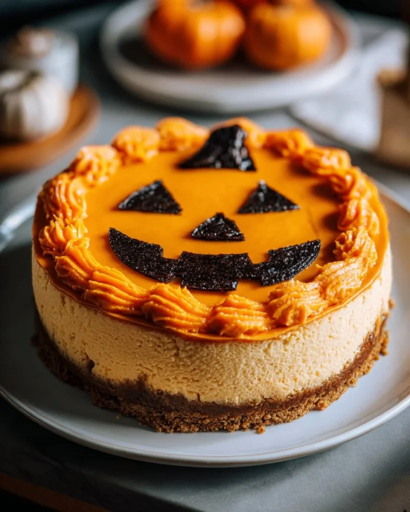 Jack-O’-Lantern Cheesecake decorated for Halloween