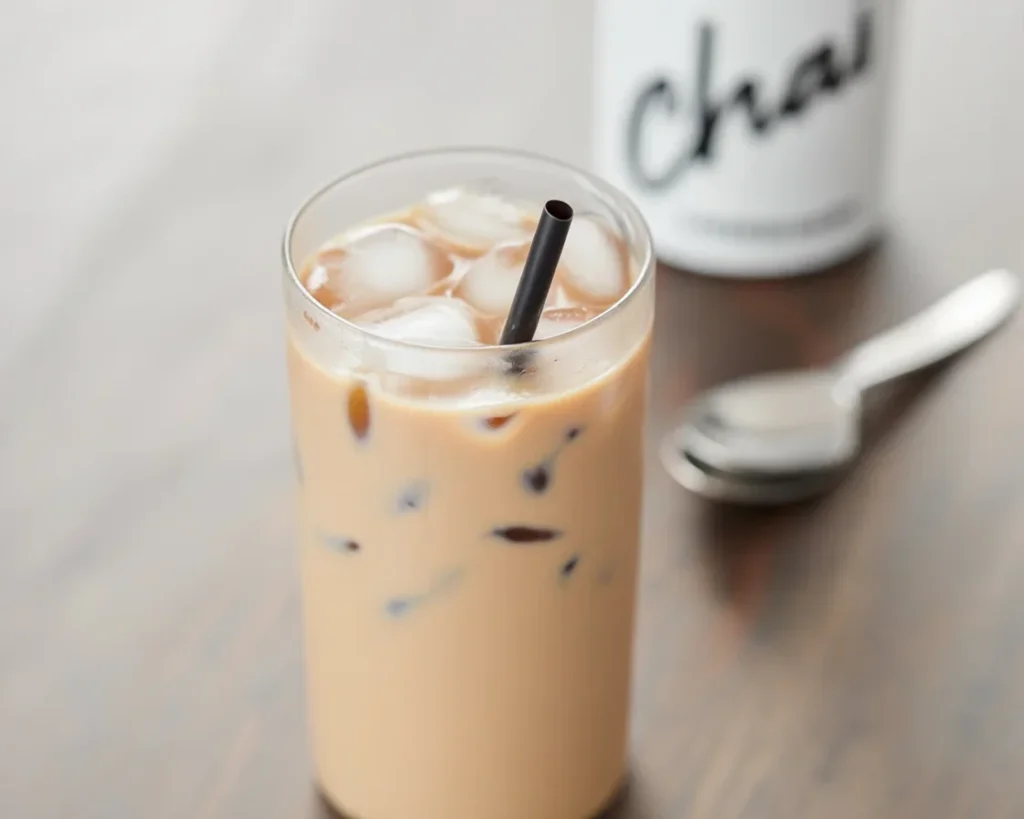 Lavender Chai Spice Latte topped with lavender cold foam and served in a stylish glass.