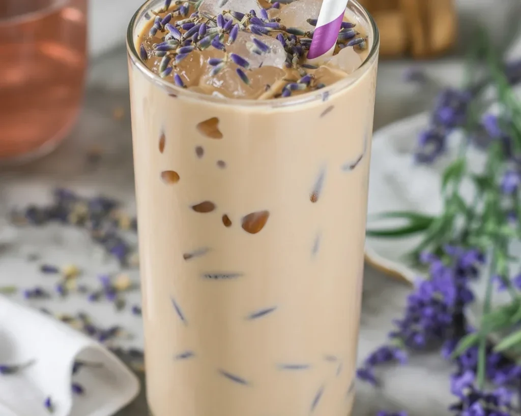 Lavender Lemon Cream Iced Latte in a tall glass with ice and a lavender sprig garnish.