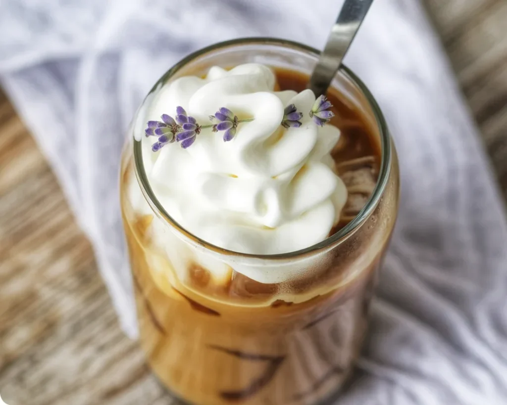 Lavender White Chocolate Mocha with espresso and steamed milk garnished with lavender.
