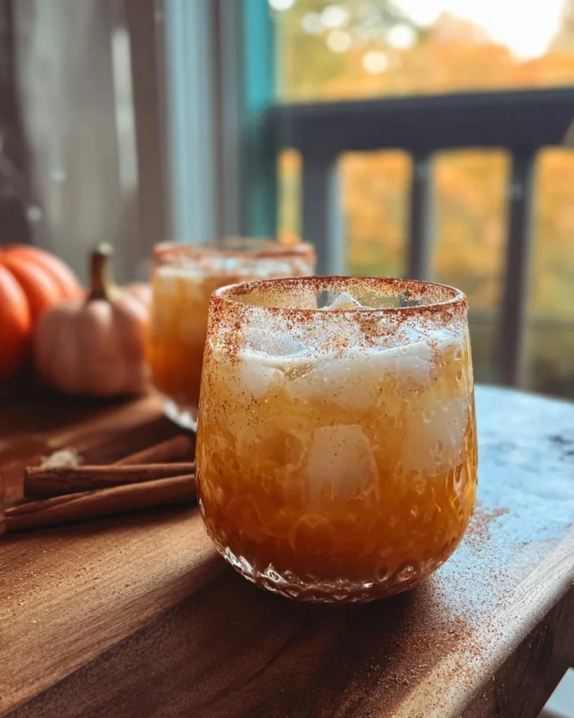 Maple Pumpkin Bourbon Smash cocktail in a glass with autumn decor.