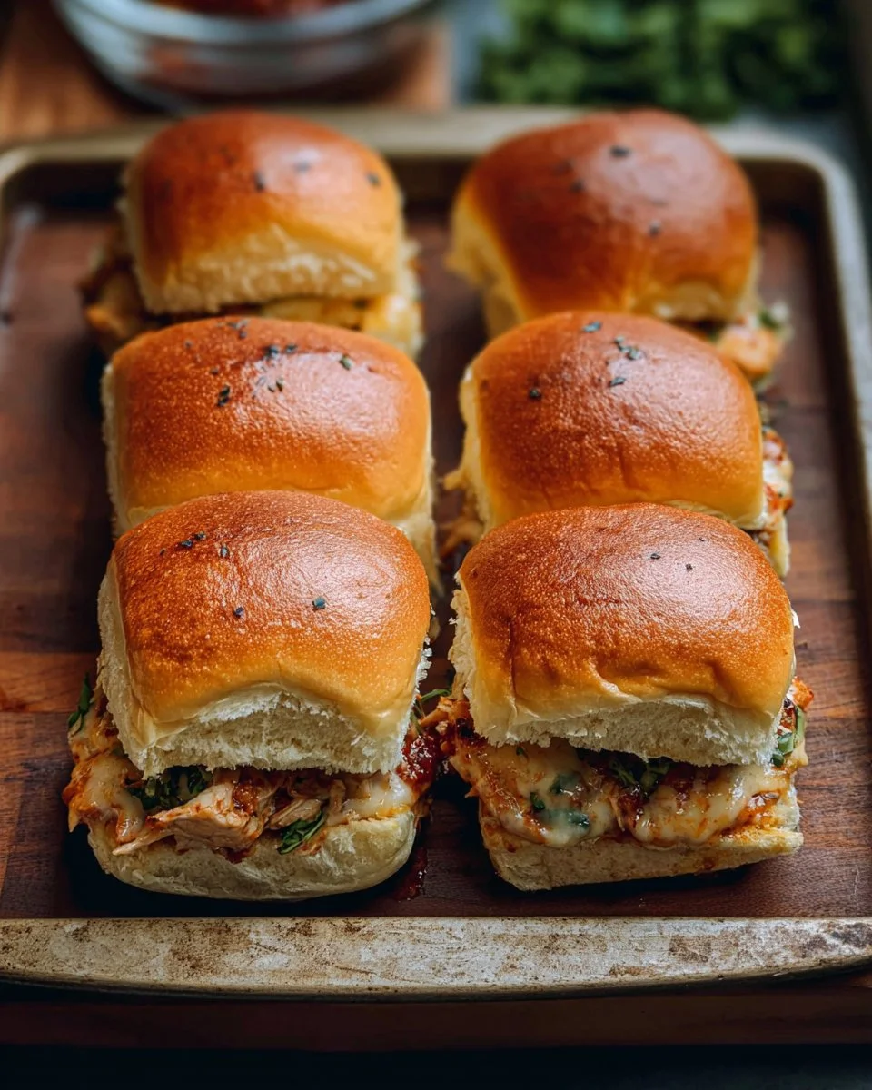 Plate of Marry Me Chicken Sliders garnished with herbs and served with dipping sauce