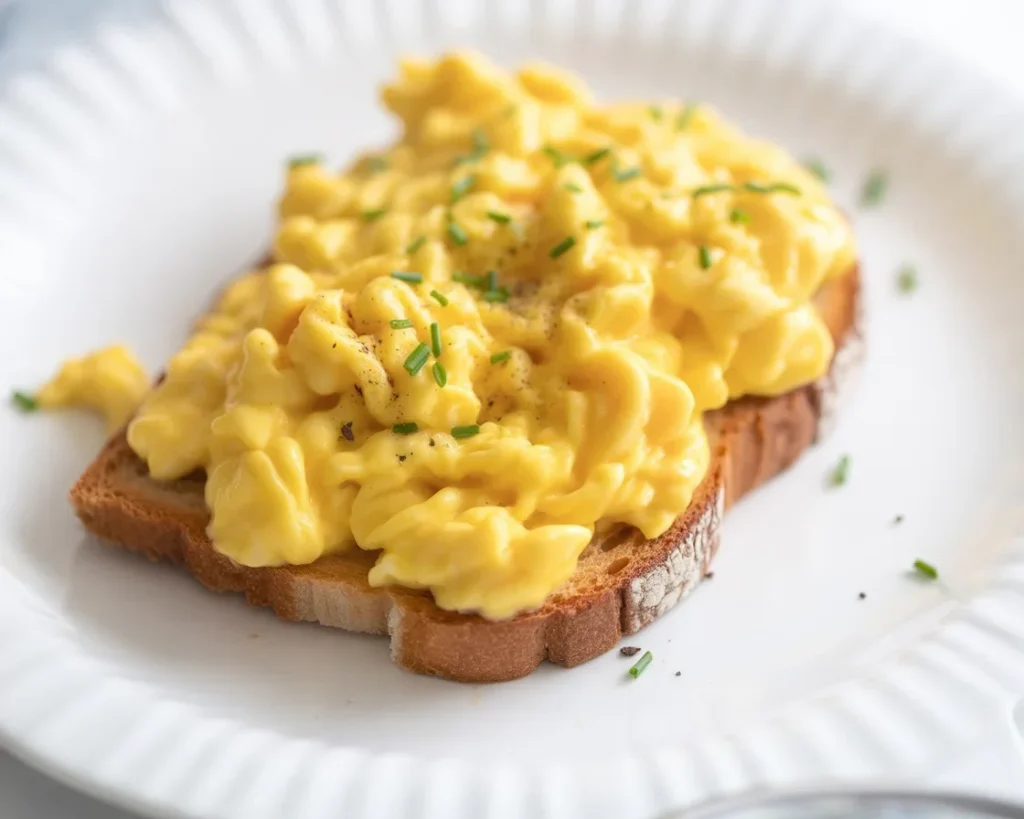 Delicious fluffy scrambled eggs in a non-stick skillet ready to serve.