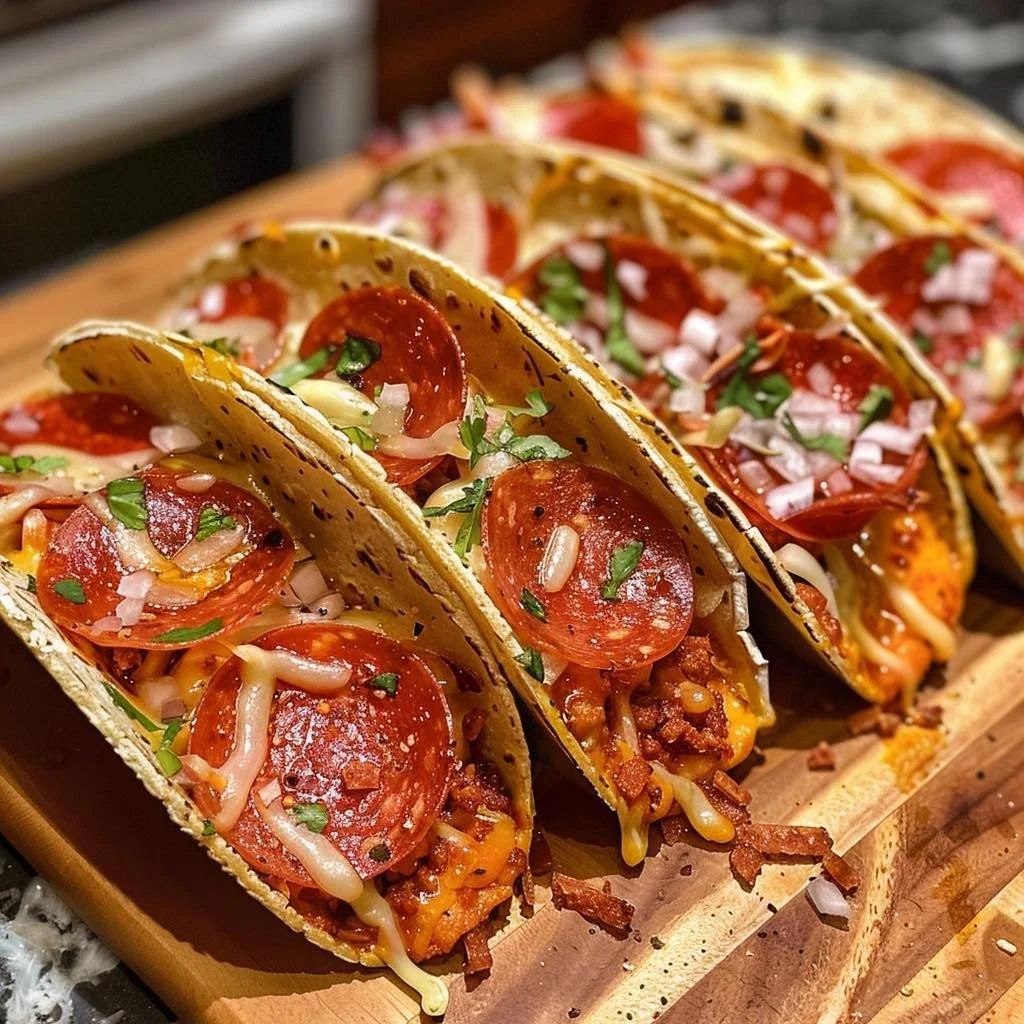 Delicious Meat Lovers Pepperoni Pizza Tacos served on a plate.