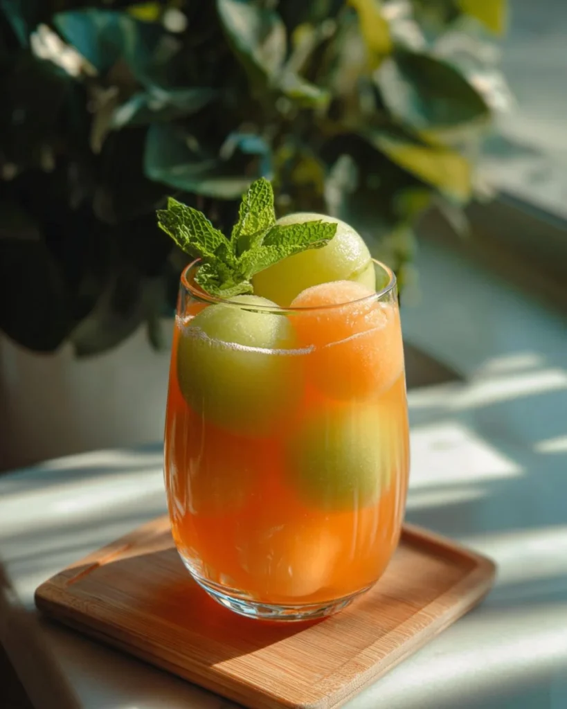 Monster Melon Punch mocktail served in a glass with fresh fruit garnishes