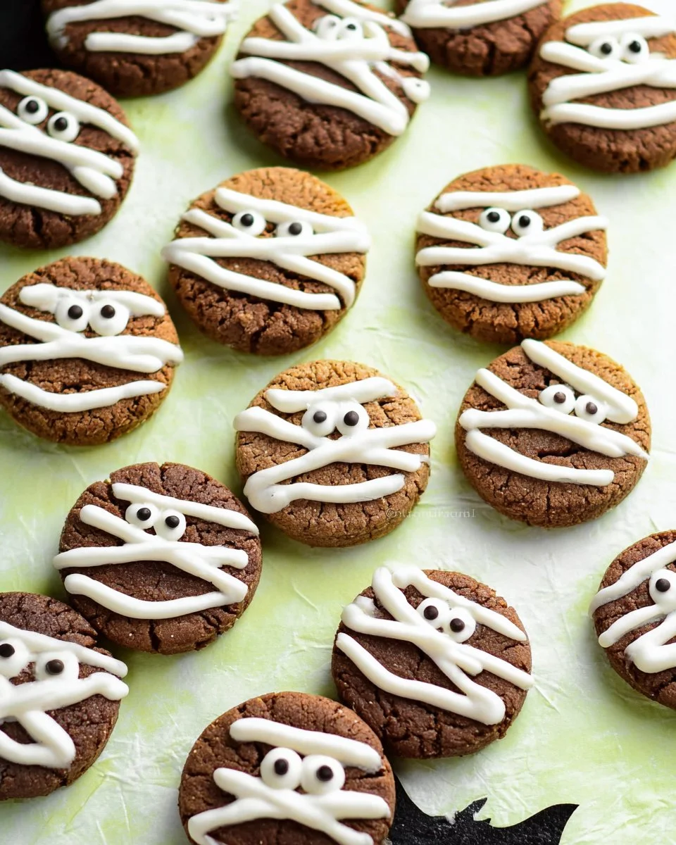 Delicious Mummy Cookies decorated for Halloween with icing and candy eyes